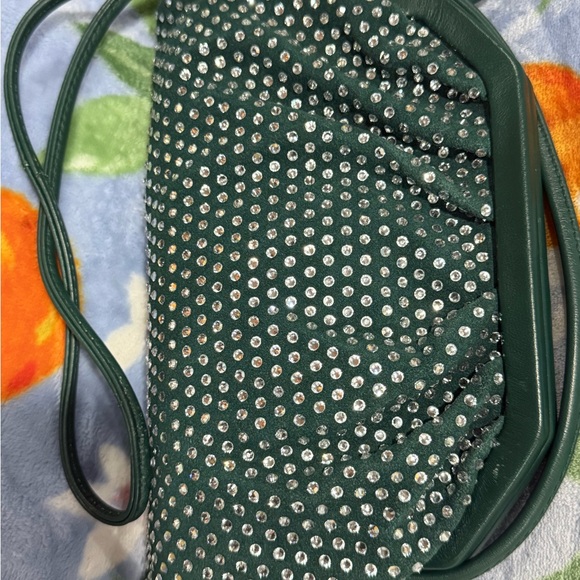 Dark Green Vince Camuto Genuine Leather Rhinestone Studded Crossbody Bag NWT - Picture 16 of 17